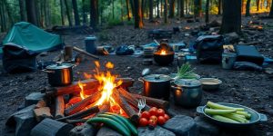 Lagerfeuer mit Töpfen und frischen Zutaten beim Camping.