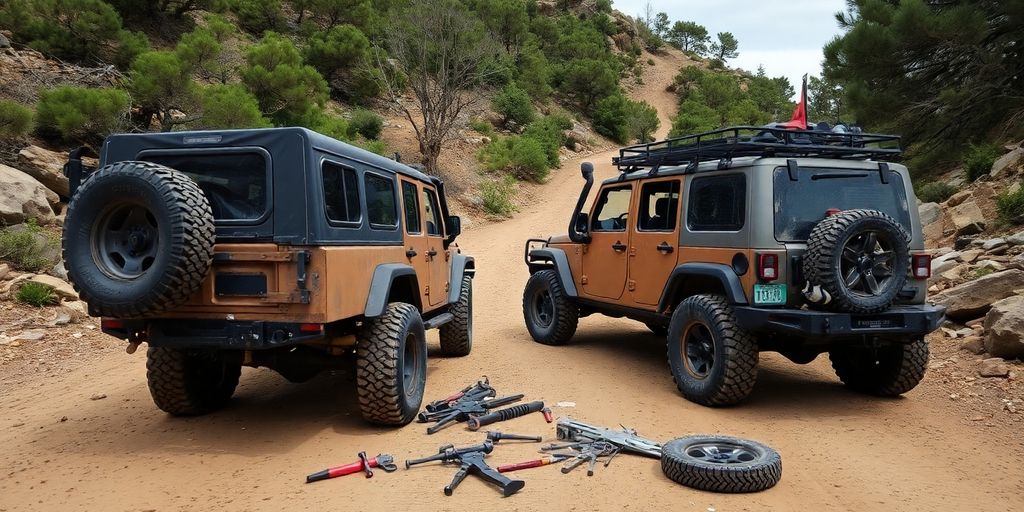 Offroad-Fahrzeug bei Reparaturen in der Natur.