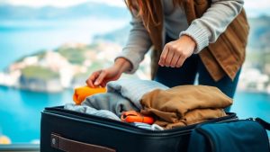 Reisende packen Koffer für den Urlaub.