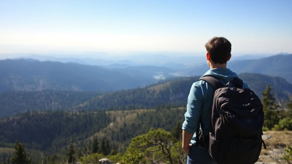 Rucksackträger blickt auf Berglandschaft bei Sonnenschein