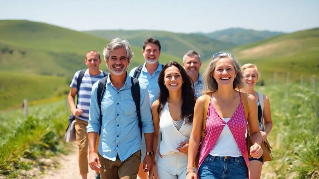 Gruppe von Menschen reist sicher und glücklich zusammen.