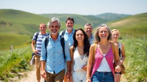 Gruppe von Menschen reist sicher und glücklich zusammen.